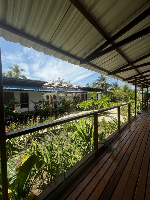 Perspectiva desde un pasillo con piso y baranda de madera en Pacific Waves, mostrando el jardín interior, la vegetación tropical y otras cabañas blancas bajo un cielo despejado.